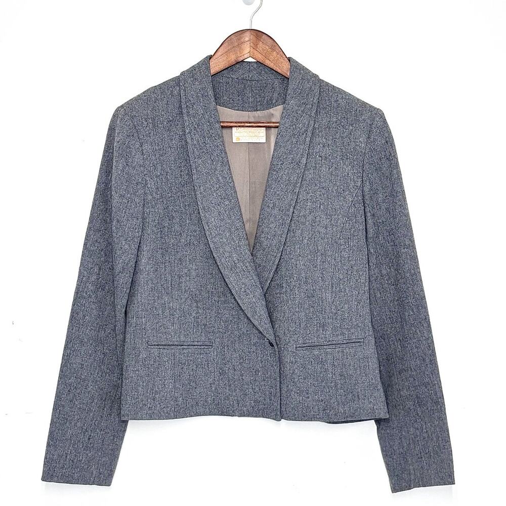 VTG Pendleton Wool Blazer Women 12 Gray Cropped Made USA Preppy Academia